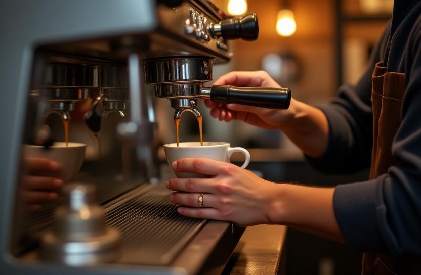 Barista preparando espresso em ambiente acolhedor
